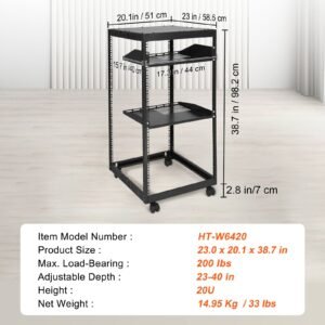 20u open frame server rack, 23 40 in adjustable depth, free standing or wall mount network server rack, 4 post av rack with casters, holds all your networking it equipment av gear router modem