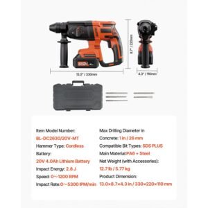 20v brushless cordless hammer drill, lithium ion 1 inch rotary hammer driver, sds plus electric lightweight power tool kit with battery and charger, 4 functions, 1200 rpm, 5300 bpm