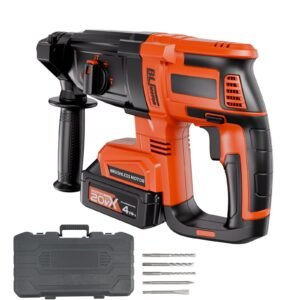 20V Brushless Cordless Hammer Drill, Lithium-Ion 1.1 Inch Rotary Hammer Driver, SDS-Plus Electric Lightweight Power Tool Kit with Battery and Charger, 4 Functions, 1200 RPM, 5300 BPM