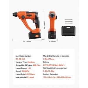 20v cordless hammer drill, lithium ion 0.6 inch rotary hammer driver, sds plus electric lightweight power tool kit with battery and charger, 2 functions, 1000 rpm, 5100 bpm