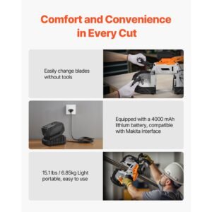 20v portable band saw kit, 5 inches deep cut, ac 110v, 360w bandsaw with brushless motor, 4.0 ah battery, cordless and compact portaband, 0 120 m/min variable speed, for cutting metal, wood