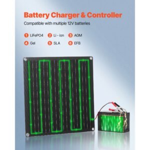 20w 12v solar panel battery charger, solar battery trickle charger maintainer with built in smart controller & 3 connection cables, ip67 waterproof portable for rv car motorcycle boat van camper