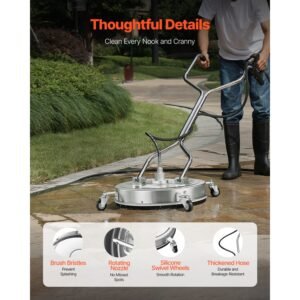 22" pressure washer surface cleaner, stainless steel pressure washer attachments with 4 wheels, 4500 max psi, 3/8 quick connector, 2 spray nozzles, dual handle, for concrete, patio, sidewalk