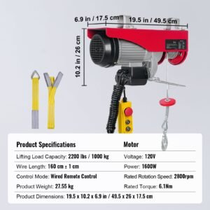 2200 lbs attic lift, 1600w 110v electric hoist with 14ft wired remote control, 40ft single cable lifting height & pure copper motor, for garage warehouse factory