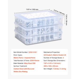 2250 pcs bolts and nuts assortment kit, metric + imperial machine screws and flat washers, alloy steel m3/m4/m5/m6/m8 multiple size, for equipment/vehicle assembly,galvanized white