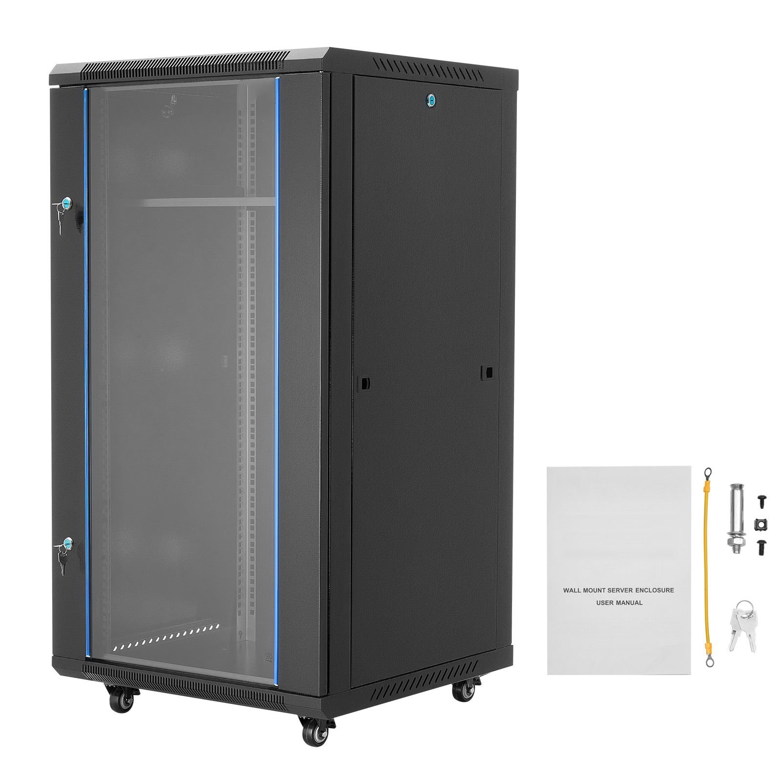 22u network cabinet wall mount, 23.6 in depth, 300 lbs max load capacity server cabinet rack enclosure with locking tempered glass door, side panels, server rack for it equipment, a/v devices