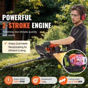 23.2 inch 26cc 2 cycle gas hedge trimmer, gas powered handheld hedge trimmer with dual sided dual action blade, 180° adjustable trimmer head, suitable for trimming shrubs, low bushes