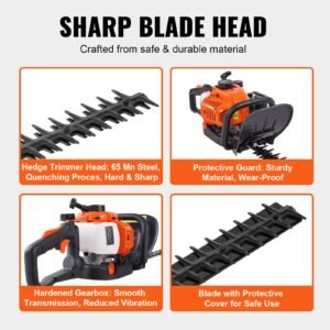 23.2 inch 26cc 2 cycle gas hedge trimmer, gas powered handheld hedge trimmer with dual sided dual action blade, 180° adjustable trimmer head, suitable for trimming shrubs, low bushes