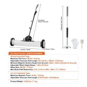 24 inch magnetic sweeper with wheels, 50 lbs capacity, with telescoping magnetic pickup tool, adjustable handle, magnetic pickup sweeper to pick up nails and screws, for workshop, garage, yard