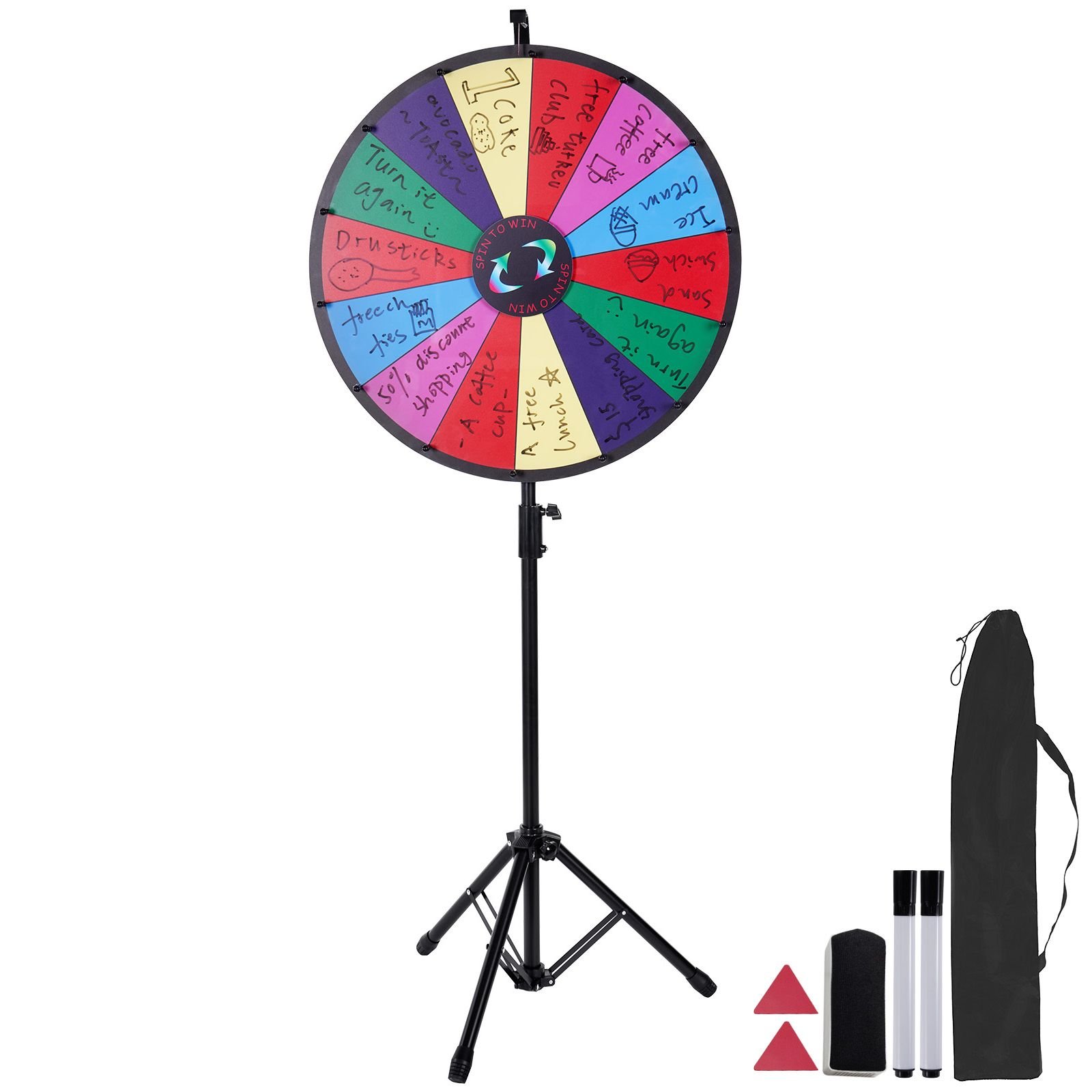 24 inch spinning prize wheel, 14 slots spinning wheel with height adjustable stand, roulette wheel with a dry erase, and a storage bag, win fortune spin games in party pub trade show carnival