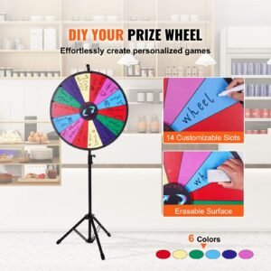 24 inch spinning prize wheel, 14 slots spinning wheel with height adjustable stand, roulette wheel with a dry erase, and a storage bag, win fortune spin games in party pub trade show carnival