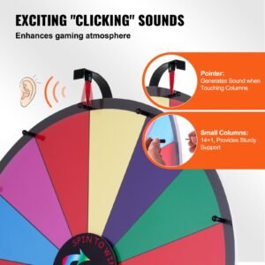 24 inch spinning prize wheel, 14 slots spinning wheel with height adjustable stand, roulette wheel with a dry erase, and a storage bag, win fortune spin games in party pub trade show carnival