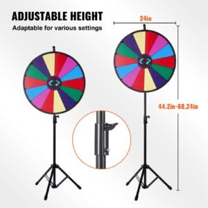 24 inch spinning prize wheel, 14 slots spinning wheel with height adjustable stand, roulette wheel with a dry erase, and a storage bag, win fortune spin games in party pub trade show carnival