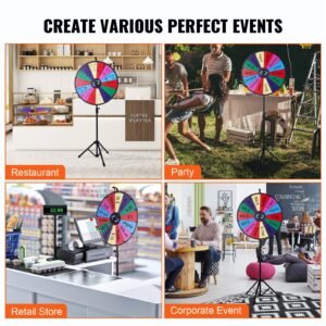 24 inch spinning prize wheel, 14 slots spinning wheel with height adjustable stand, roulette wheel with a dry erase, and a storage bag, win fortune spin games in party pub trade show carnival