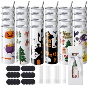 24 Pack Sublimation Tumblers 20oz Skinny Straight, Stainless Steel Sublimation Tumblers Blank, Stainless Steel Double Wall Tumbler for Heat Transfer Customized Gifts with Lid and Straw, Gift Box