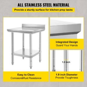 24 x 24 x 35 inch stainless steel work table, commercial food prep worktable heavy duty prep worktable, metal work table with adjustable height for restaurant, home and hotel