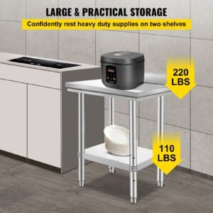 24 x 24 x 35 inch stainless steel work table, commercial food prep worktable heavy duty prep worktable, metal work table with adjustable height for restaurant, home and hotel