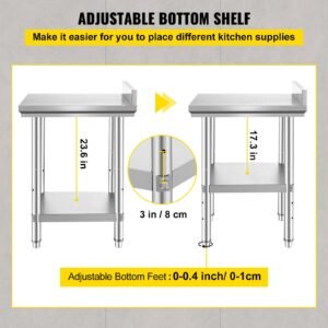 24 x 24 x 35 inch stainless steel work table, commercial food prep worktable heavy duty prep worktable, metal work table with adjustable height for restaurant, home and hotel
