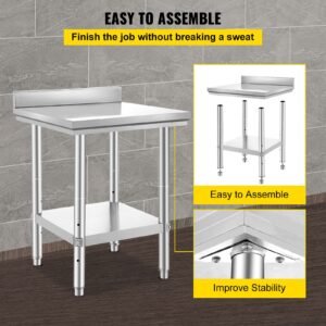 24 x 24 x 35 inch stainless steel work table, commercial food prep worktable heavy duty prep worktable, metal work table with adjustable height for restaurant, home and hotel