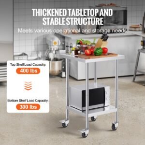 24 x 24 x 40 inch stainless steel work table, commercial food prep worktable with casters, heavy duty prep worktable, metal work table with adjustable height for restaurant, home and hotel