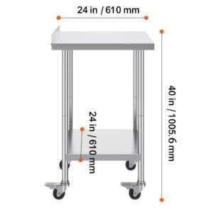 24 x 24 x 40 inch stainless steel work table, commercial food prep worktable with casters, heavy duty prep worktable, metal work table with adjustable height for restaurant, home and hotel