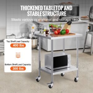 24 x 30 x 40 inch stainless steel work table, commercial food prep worktable with casters, heavy duty prep worktable, metal work table with adjustable height for restaurant, home and hotel