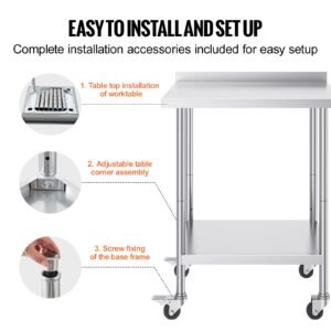 24 x 30 x 40 inch stainless steel work table, commercial food prep worktable with casters, heavy duty prep worktable, metal work table with adjustable height for restaurant, home and hotel