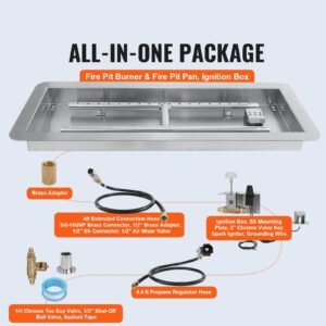 24 x 8 inch drop in fire pit pan, rectangular stainless steel fire pit burner kit, propane gas fire pan 120,000 btu with h burner for indoor or outdoor use