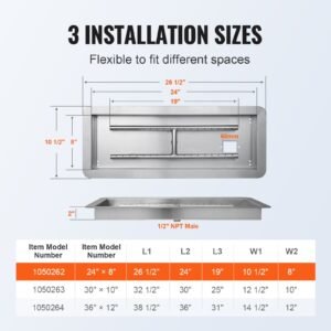 24 x 8 inch drop in fire pit pan, rectangular stainless steel fire pit burner kit, propane gas fire pan 120,000 btu with h burner for indoor or outdoor use