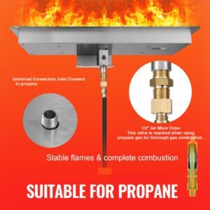 24 x 8 inch drop in fire pit pan, rectangular stainless steel fire pit burner kit, propane gas fire pan 120,000 btu with h burner for indoor or outdoor use