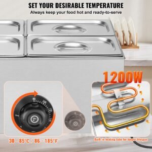 24qt commercial food warmer, 4 pan electric steam table, 1200w professional countertop stainless steel buffet bain marie with 86 185 fahrenheit temp control