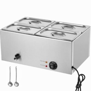 24QT Commercial Food Warmer, 4-Pan Electric Steam Table, 1200W Professional Countertop Stainless Steel Buffet Bain Marie with 86-185 Fahrenheit Temp Control