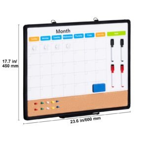 24"x 18" monthly calendar whiteboard & cork board combo with aluminum frame – 2 in 1 magnetic dry erase bulletin board for wall mount – ideal for school, home, office