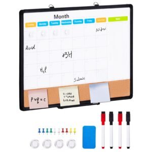 24"x 18" monthly calendar whiteboard & cork board combo with aluminum frame – 2 in 1 magnetic dry erase bulletin board for wall mount – ideal for school, home, office