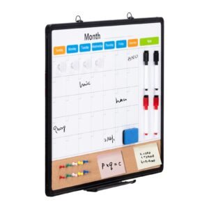 24"x 18" monthly calendar whiteboard & cork board combo with aluminum frame – 2 in 1 magnetic dry erase bulletin board for wall mount – ideal for school, home, office