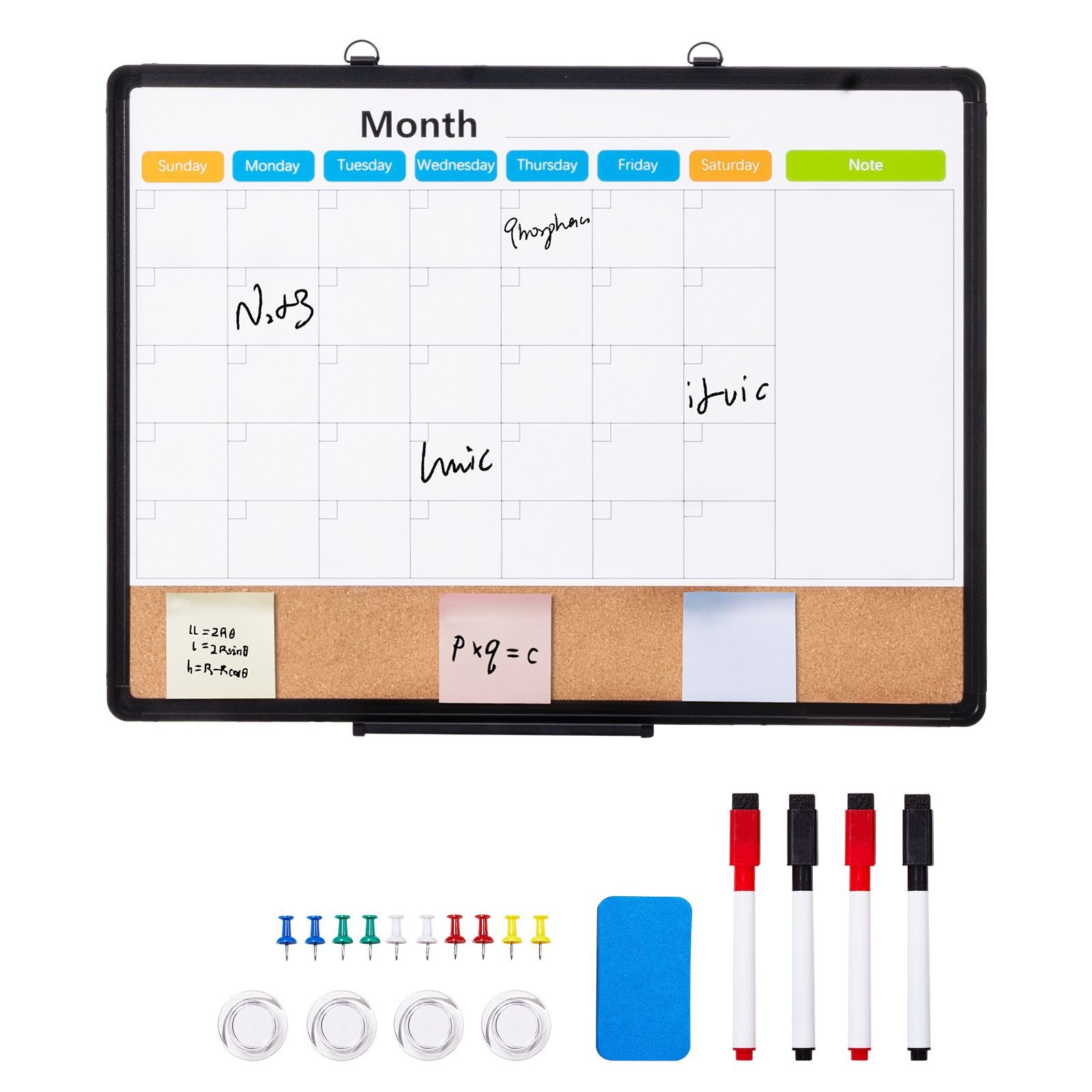 24"x 18" monthly calendar whiteboard & cork board combo with aluminum frame – 2 in 1 magnetic dry erase bulletin board for wall mount – ideal for school, home, office