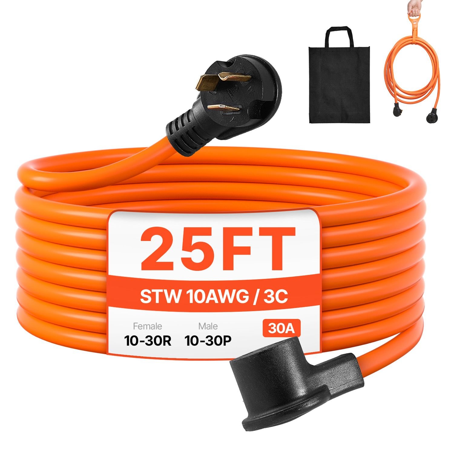 25 ft dryer extension cord, 3 prong nema 10 30p to 10 30r dryer cord, 125v/250v stw 10awg/3c, 30a, pure copper wire cable with black non woven bag and pvc cable tie, ideal for indoor & outdoor