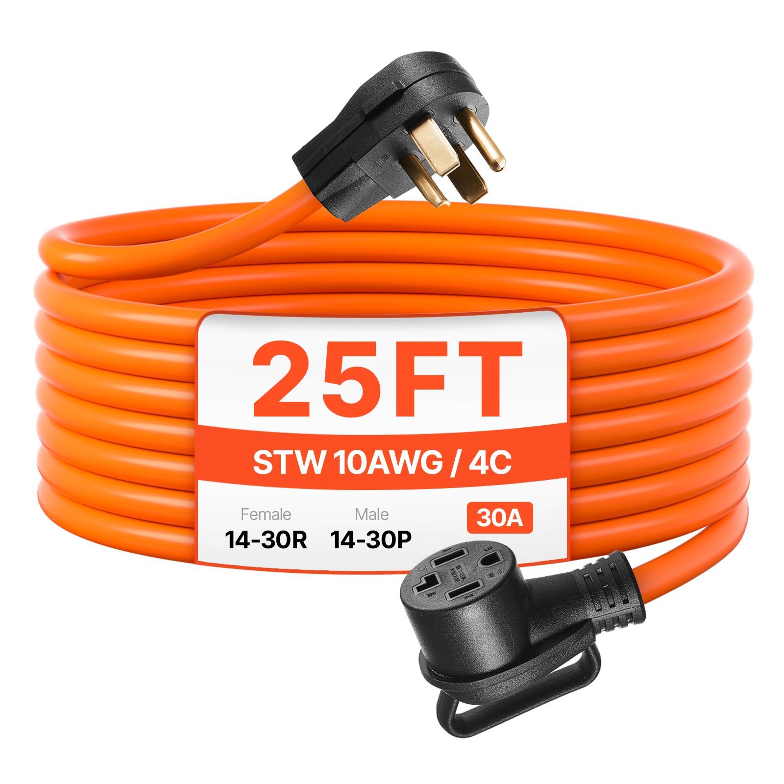 25 ft dryer extension cord, 4 prong nema 14 30p to 14 30r dryer cord, 125v/250v, stw 10awg/4c, 30a, pure copper wire cable with black non woven bag and pvc cable tie, for outdoor & indoor use