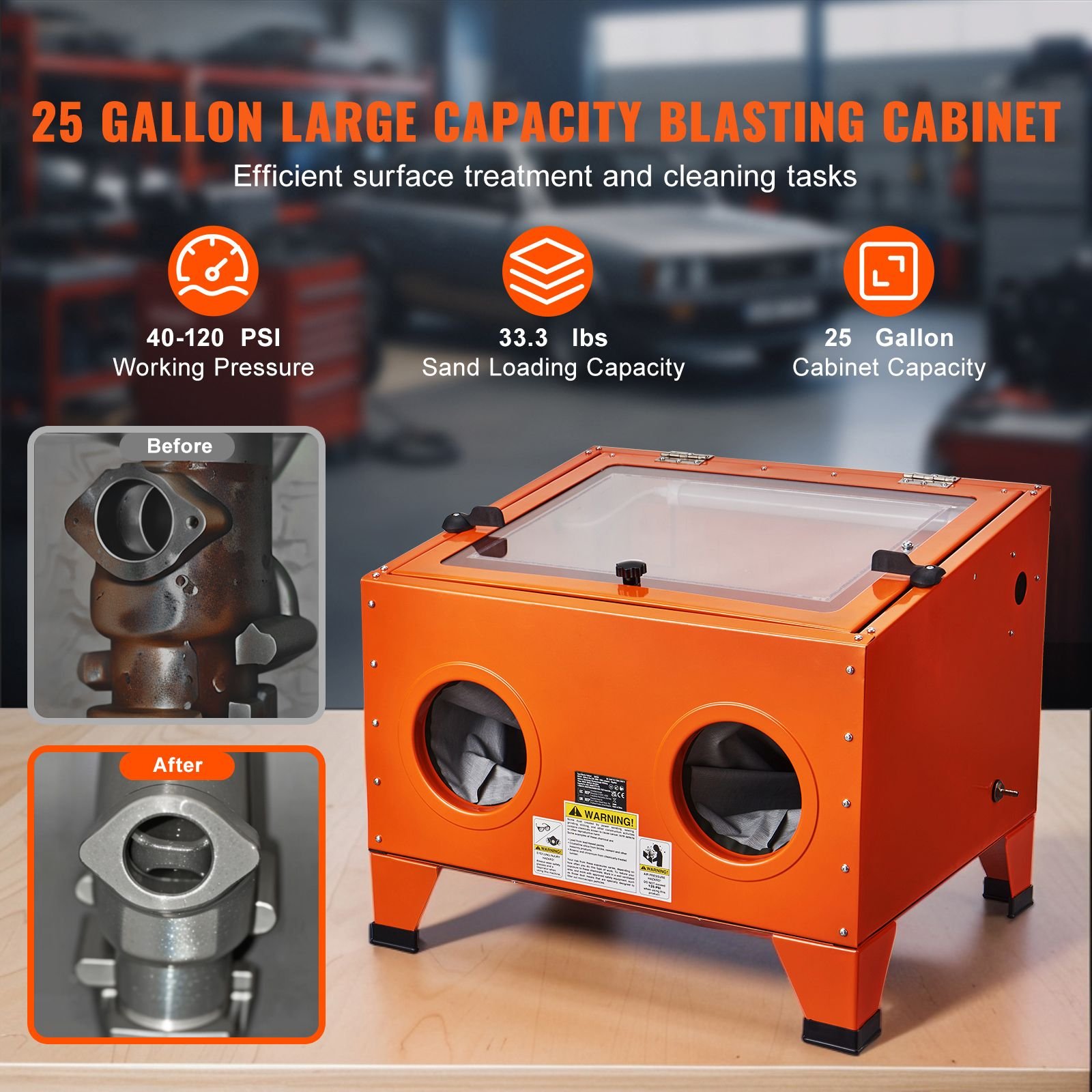 25 gallon sandblasting cabinet, 40 120psi portable benchtop sand blasting cabinet, heavy duty steel sand blaster with blasting gun & 4 ceramic nozzles for paint, stain, rust removal