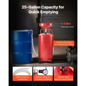 25 gallon waste oil drain tank, air operated portable oil drainer with adjustable funnel height, industrial fluid drain tank with wheels, fluid fuel transfer drainage for auto repair shops, red