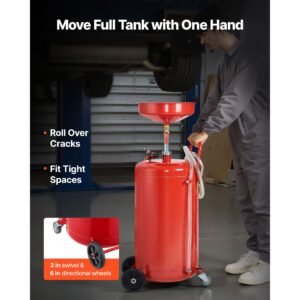 25 gallon waste oil drain tank, air operated portable oil drainer with adjustable funnel height, industrial fluid drain tank with wheels, fluid fuel transfer drainage for auto repair shops, red