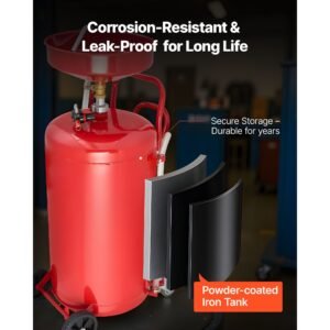 25 gallon waste oil drain tank, air operated portable oil drainer with adjustable funnel height, industrial fluid drain tank with wheels, fluid fuel transfer drainage for auto repair shops, red