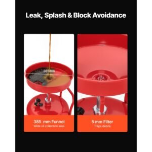 25 gallon waste oil drain tank, air operated portable oil drainer with adjustable funnel height, industrial fluid drain tank with wheels, fluid fuel transfer drainage for auto repair shops, red
