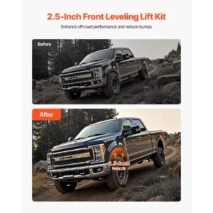 2.5 inch front leveling lift kit for 2011 2023 ford f250 f350 f450 super duty 4wd models, chassis level kit with track bar relocation bracket, coil spring spacers, isolators, shock extenders