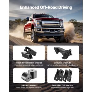 2.5 inch front leveling lift kit for 2011 2023 ford f250 f350 f450 super duty 4wd models, chassis level kit with track bar relocation bracket, coil spring spacers, isolators, shock extenders