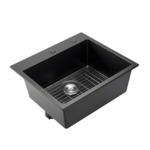 25 inch kitchen sink workstation, top mount granite sinks, drop in single bowl farmhouse basin with multiple accessories, household dishwasher sinks for rv, prep kitchen, and bar (black)