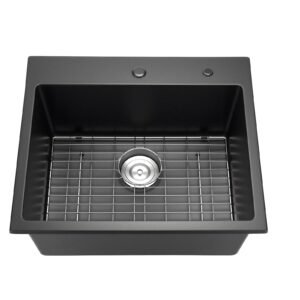 25 inch kitchen sink workstation, top mount granite sinks, drop in single bowl farmhouse basin with multiple accessories, household dishwasher sinks for rv, prep kitchen, and bar (black)
