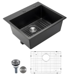 25 inch Kitchen Sink Workstation, Top Mount Granite Sinks, Drop-In Single Bowl Farmhouse Basin with Multiple Accessories, Household Dishwasher Sinks for RV, Prep Kitchen, and Bar (Black)