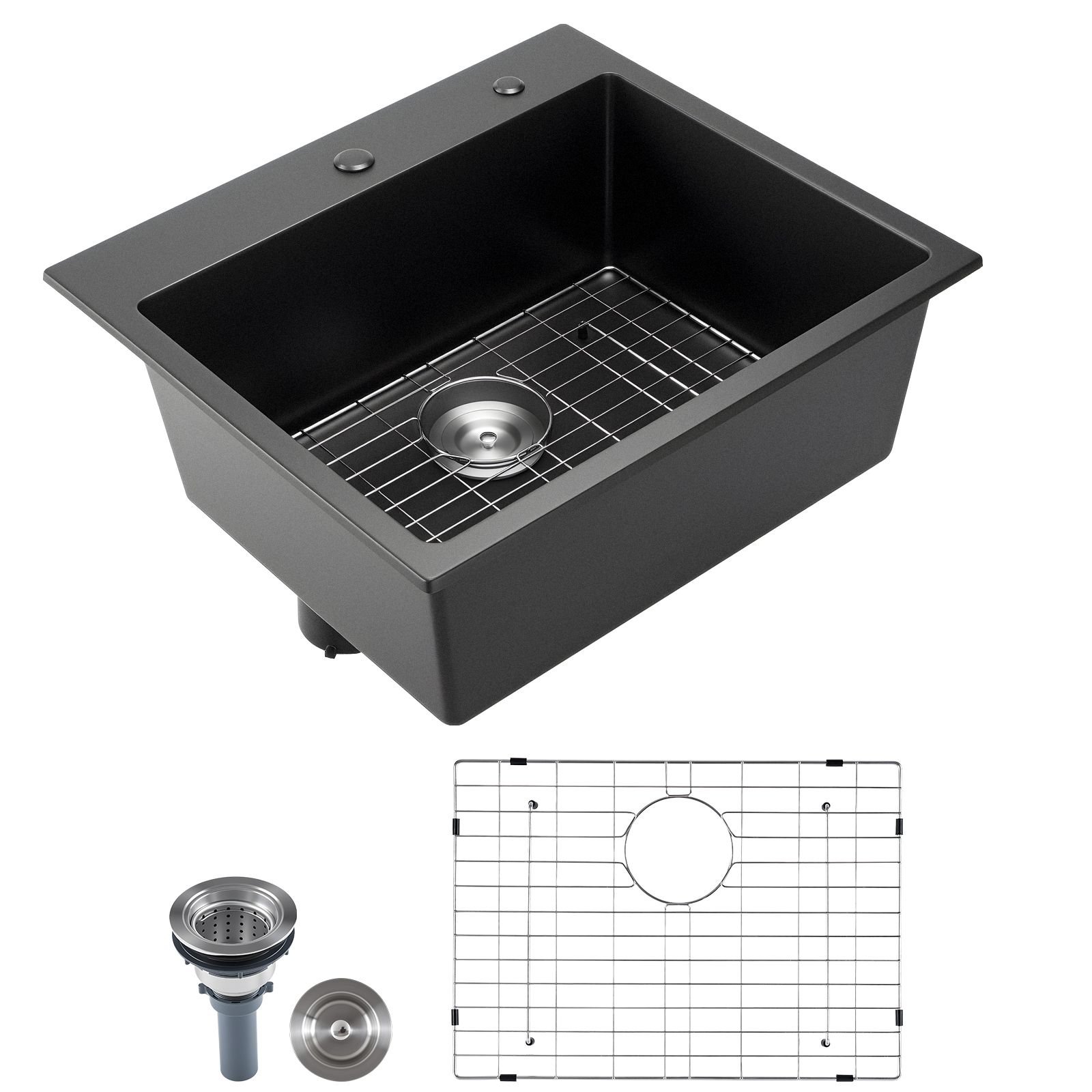 25 inch kitchen sink workstation, top mount granite sinks, drop in single bowl farmhouse basin with multiple accessories, household dishwasher sinks for rv, prep kitchen, and bar (black)