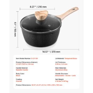 2.5 qt saucepan, nonstick saucepan with tempered glass lid, multipurpose cooking sauce pot with detachable handle, sauce pan small kitchen cooking pot with coating, induction compatible, black